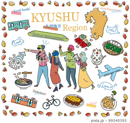 日本の九州地方の秋のグルメ観光を楽しむ観光客、アイコンのセット(線画) 日本の九州地方の秋のグルメ観光を楽しむ観光客、アイコンのセット(線画) 99340393
