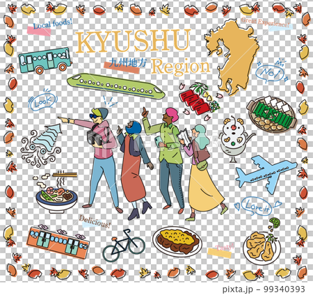 日本の九州地方の秋のグルメ観光を楽しむ観光客、アイコンのセット(線画) 日本の九州地方の秋のグルメ観光を楽しむ観光客、アイコンのセット(線画) 99340393