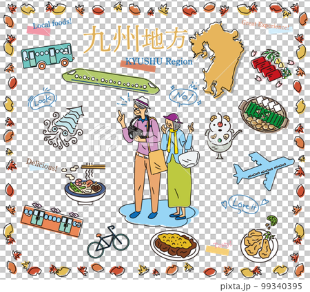日本の九州地方の秋のグルメ観光を楽しむシニア夫婦、アイコンのセット（線画） 99340395