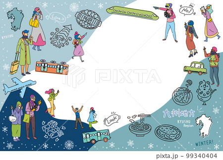 日本の九州地方の冬のグルメ観光を楽しむ観光客、アイコンのセット（線画） 99340404