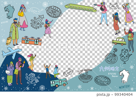 日本の九州地方の冬のグルメ観光を楽しむ観光客、アイコンのセット（線画） 99340404