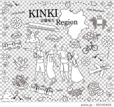 Tourists enjoying summer gourmet sightseeing in the Kinki region of Japan, a set of icons (line drawing black and white) Tourists enjoying summer gourmet sightseeing in the Kinki region of Japan, a set of icons (line drawing black and white) 99340409