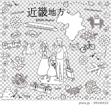 A family of three who enjoys summer gourmet sightseeing in the Kinki region of Japan, a set of icons (line drawing black and white) 99340410