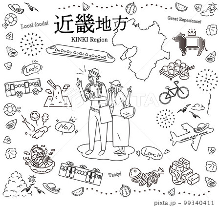 日本の近畿地方の夏のグルメ観光を楽しむシニア夫婦、アイコンのセット（線画白黒） 99340411