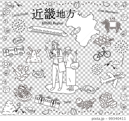 A senior couple enjoying summer gourmet sightseeing in the Kinki region of Japan, a set of icons (line drawing black and white) 99340411