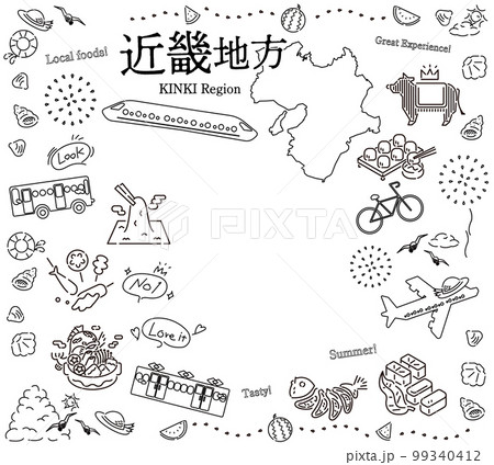 日本の近畿地方の夏のグルメ観光のアイコンのセット(線画白黒) 日本の近畿地方の夏のグルメ観光のアイコンのセット(線画白黒) 99340412