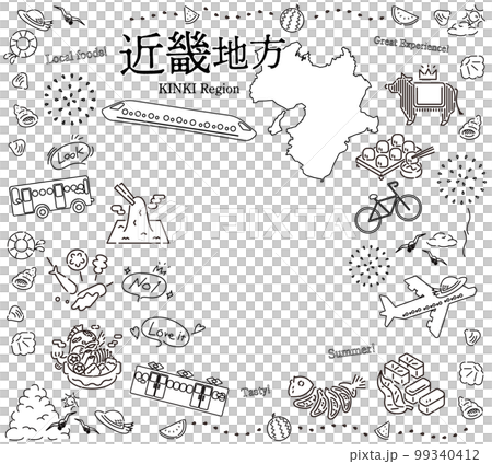 日本の近畿地方の夏のグルメ観光のアイコンのセット(線画白黒) 日本の近畿地方の夏のグルメ観光のアイコンのセット(線画白黒) 99340412