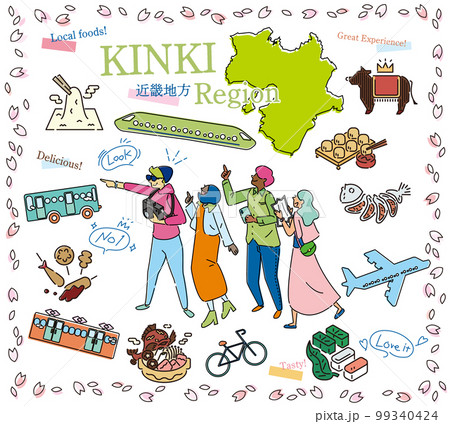 日本の近畿地方の春のグルメ観光を楽しむ観光客、アイコンのセット（線画） 99340424