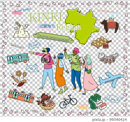 日本の近畿地方の春のグルメ観光を楽しむ観光客、アイコンのセット（線画） 99340424