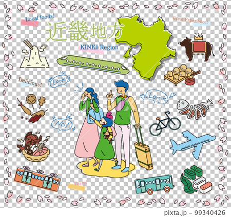 A family of three who enjoys spring gourmet sightseeing in the Kinki region of Japan, a set of icons (line drawing) 99340426