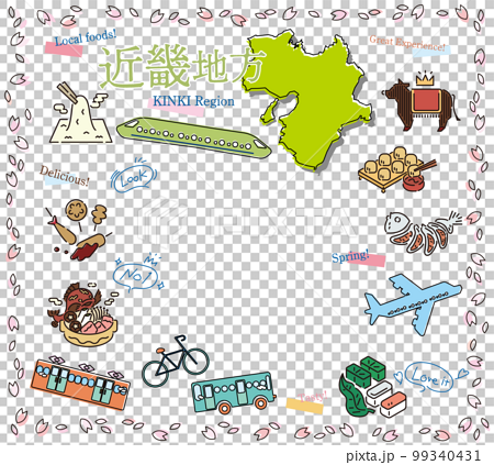 日本の近畿地方の春のグルメ観光のアイコンのセット（線画） 99340431