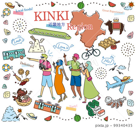 日本の近畿地方の夏のグルメ観光を楽しむ観光客、アイコンのセット（線画） 99340435