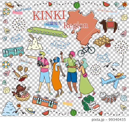 日本の近畿地方の夏のグルメ観光を楽しむ観光客、アイコンのセット（線画） 99340435