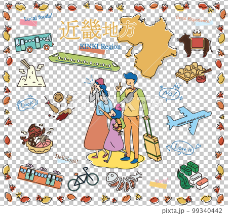 A family of three who enjoys autumn gourmet sightseeing in the Kinki region of Japan, a set of icons (line drawing) A family of three who enjoys autumn gourmet sightseeing in the Kinki region of Japan, a set of icons (line drawing) 99340442