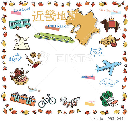 日本の近畿地方の秋のグルメ観光のアイコンのセット(線画) 日本の近畿地方の秋のグルメ観光のアイコンのセット(線画) 99340444