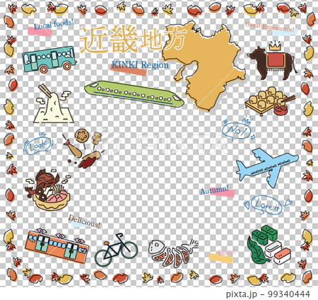 日本の近畿地方の秋のグルメ観光のアイコンのセット(線画) 日本の近畿地方の秋のグルメ観光のアイコンのセット(線画) 99340444
