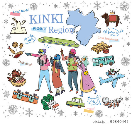 日本の近畿地方の冬のグルメ観光を楽しむ観光客、アイコンのセット（線画） 99340445