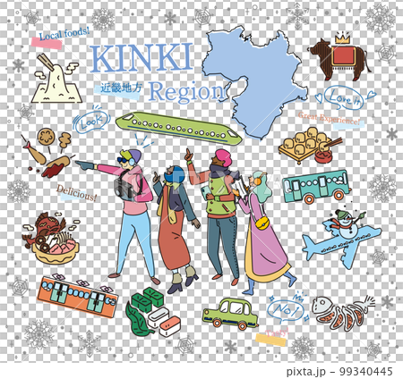 日本の近畿地方の冬のグルメ観光を楽しむ観光客、アイコンのセット（線画） 99340445
