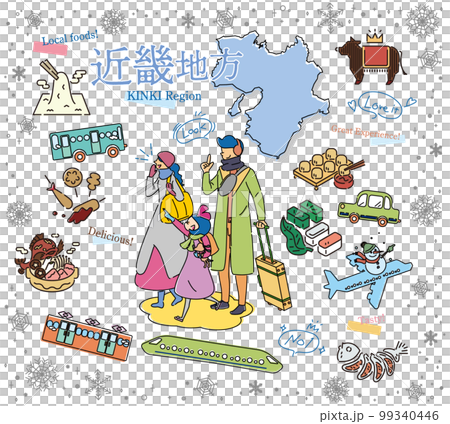 A family of three who enjoys winter gourmet sightseeing in the Kinki region of Japan, a set of icons (line drawing) 99340446