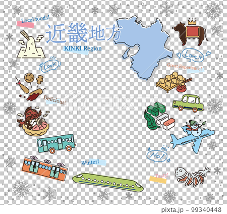 日本の近畿地方の冬のグルメ観光のアイコンのセット(線画) 日本の近畿地方の冬のグルメ観光のアイコンのセット(線画) 99340448