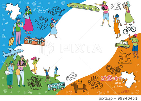 日本の近畿地方の夏のグルメ観光を楽しむ観光客、アイコンのセット（線画） 99340451