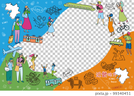 日本の近畿地方の夏のグルメ観光を楽しむ観光客、アイコンのセット（線画） 99340451