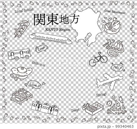 日本の関東地方の春のグルメ観光のアイコンのセット（線画白黒） 99340463