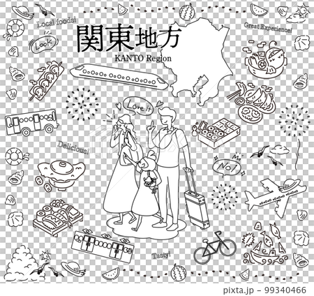 A family of three who enjoys summer gourmet sightseeing in the Kanto region of Japan, a set of icons (line drawing black and white) A family of three who enjoys summer gourmet sightseeing in the Kanto region of Japan, a set of icons (line drawing black and white) 99340466