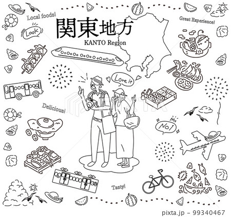 日本の関東地方の夏のグルメ観光を楽しむシニア夫婦、アイコンのセット（線画白黒） 99340467