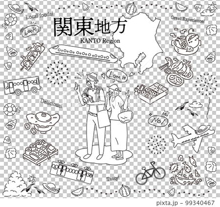 日本の関東地方の夏のグルメ観光を楽しむシニア夫婦、アイコンのセット（線画白黒） 99340467