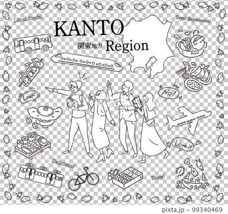 Tourists enjoying autumn gourmet sightseeing in the Kanto region of Japan, a set of icons (line drawing black and white) 99340469