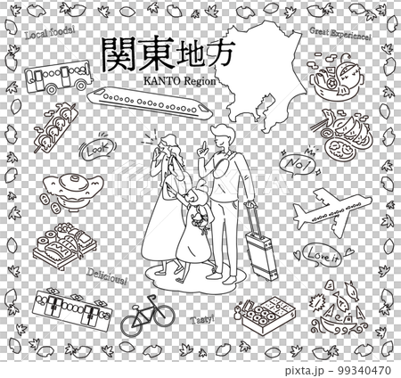 A family of three who enjoys autumn gourmet sightseeing in the Kanto region of Japan, a set of icons (line drawing black and white) A family of three who enjoys autumn gourmet sightseeing in the Kanto region of Japan, a set of icons (line drawing black and white) 99340470