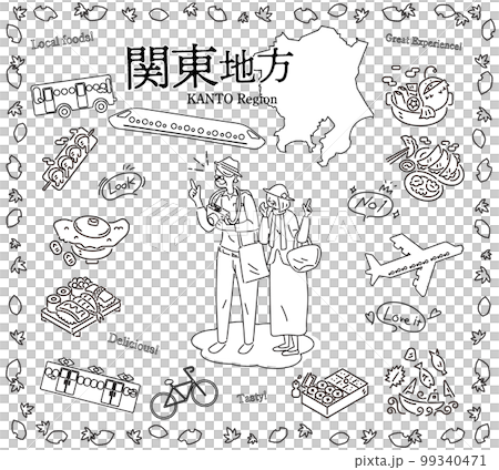 日本の関東地方の秋のグルメ観光を楽しむシニア夫婦、アイコンのセット(線画白黒) 日本の関東地方の秋のグルメ観光を楽しむシニア夫婦、アイコンのセット(線画白黒) 99340471