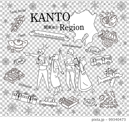 Tourists enjoying winter gourmet sightseeing in the Kanto region of Japan, a set of icons (line drawing black and white) 99340473