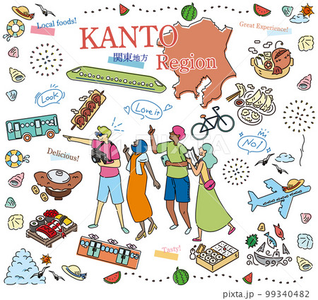 日本の関東地方の夏のグルメ観光を楽しむ観光客、アイコンのセット（線画） 99340482