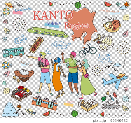 日本の関東地方の夏のグルメ観光を楽しむ観光客、アイコンのセット（線画） 99340482