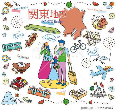 日本の関東地方の夏のグルメ観光を楽しむ三人家族、アイコンのセット（線画） 99340483
