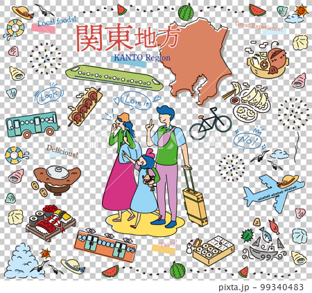 日本の関東地方の夏のグルメ観光を楽しむ三人家族、アイコンのセット（線画） 99340483