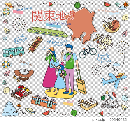 A family of three enjoying summer gourmet sightseeing in the Kanto region of Japan, a set of icons (line drawing) 99340483