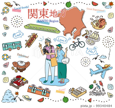 日本の関東地方の夏のグルメ観光を楽しむシニア夫婦、アイコンのセット（線画） 99340484