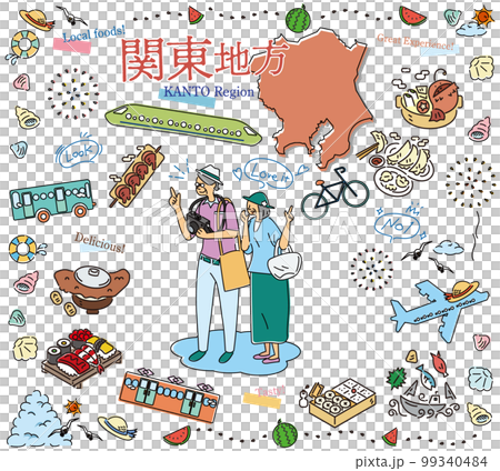 Senior couple enjoying summer gourmet sightseeing in the Kanto region of Japan, icon set (line drawing) 99340484