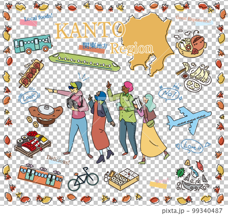 Tourists enjoying autumn gourmet sightseeing in the Kanto region of Japan, set of icons (line drawing) 99340487