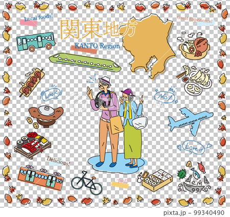 Senior couple enjoying autumn gourmet sightseeing in the Kanto region of Japan, icon set (line drawing) Senior couple enjoying autumn gourmet sightseeing in the Kanto region of Japan, icon set (line drawing) 99340490