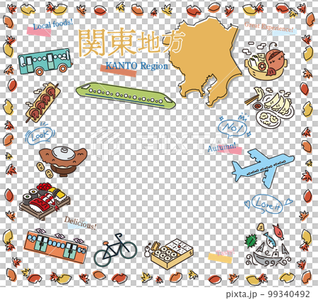 Set of autumn gourmet tourism icons in the Kanto region of Japan (line drawing) 99340492