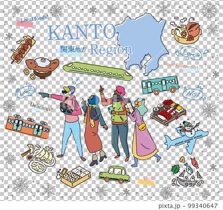 日本の関東地方の冬のグルメ観光を楽しむ観光客、アイコンのセット（線画） 99340647