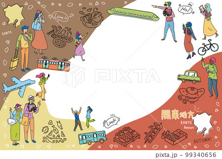 日本の関東地方の秋のグルメ観光を楽しむ観光客、アイコンのセット（線画） 99340656