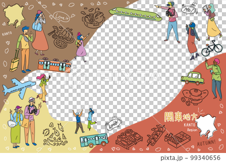 日本の関東地方の秋のグルメ観光を楽しむ観光客、アイコンのセット（線画） 99340656