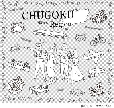 Tourists enjoying spring gourmet sightseeing in the Chugoku region of Japan, a set of icons (line drawing black and white) 99340658