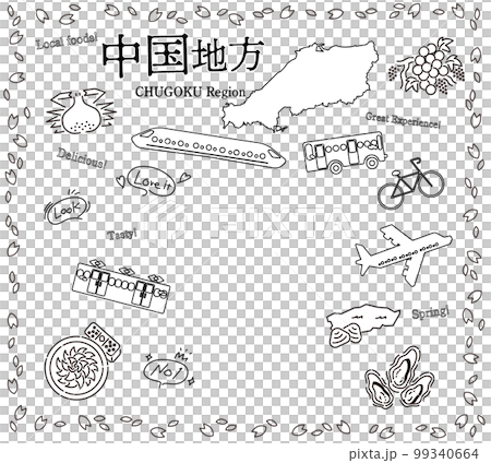 日本中國地區的一組春季美食旅遊圖標（黑白線描） 99340664