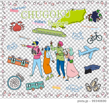 Tourists enjoying spring gourmet sightseeing in the Chugoku region of Japan, a set of icons (line drawing) 99340690